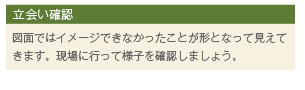 立会い確認 図面ではイメージできなかったことが形となって見えてきます。現場に行って様子を確認しましょう。